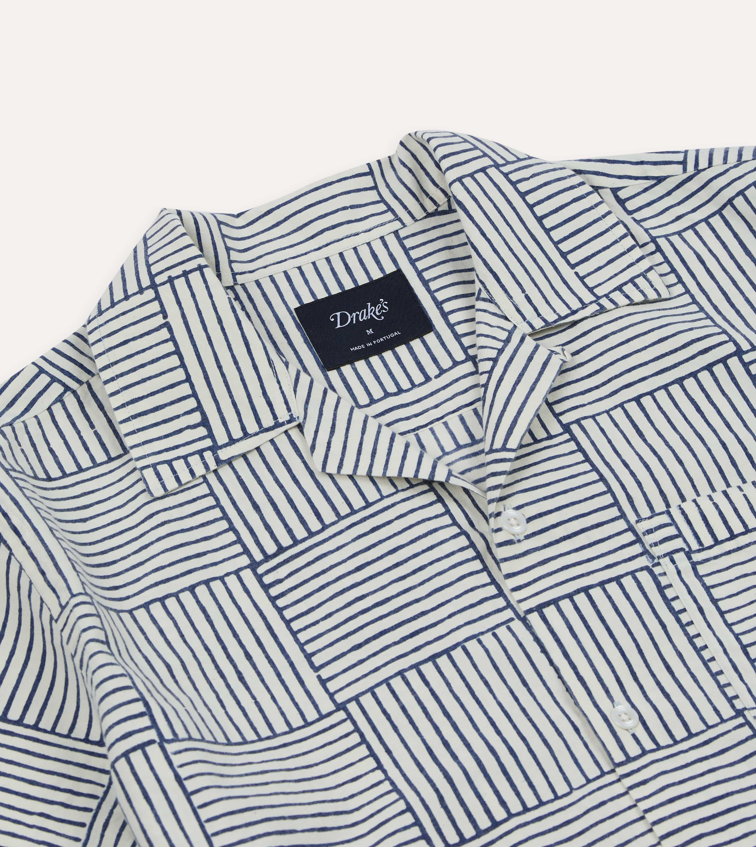 Navy Weave Block Print Cotton Camp Collar Short Sleeve Shirt - Image 4