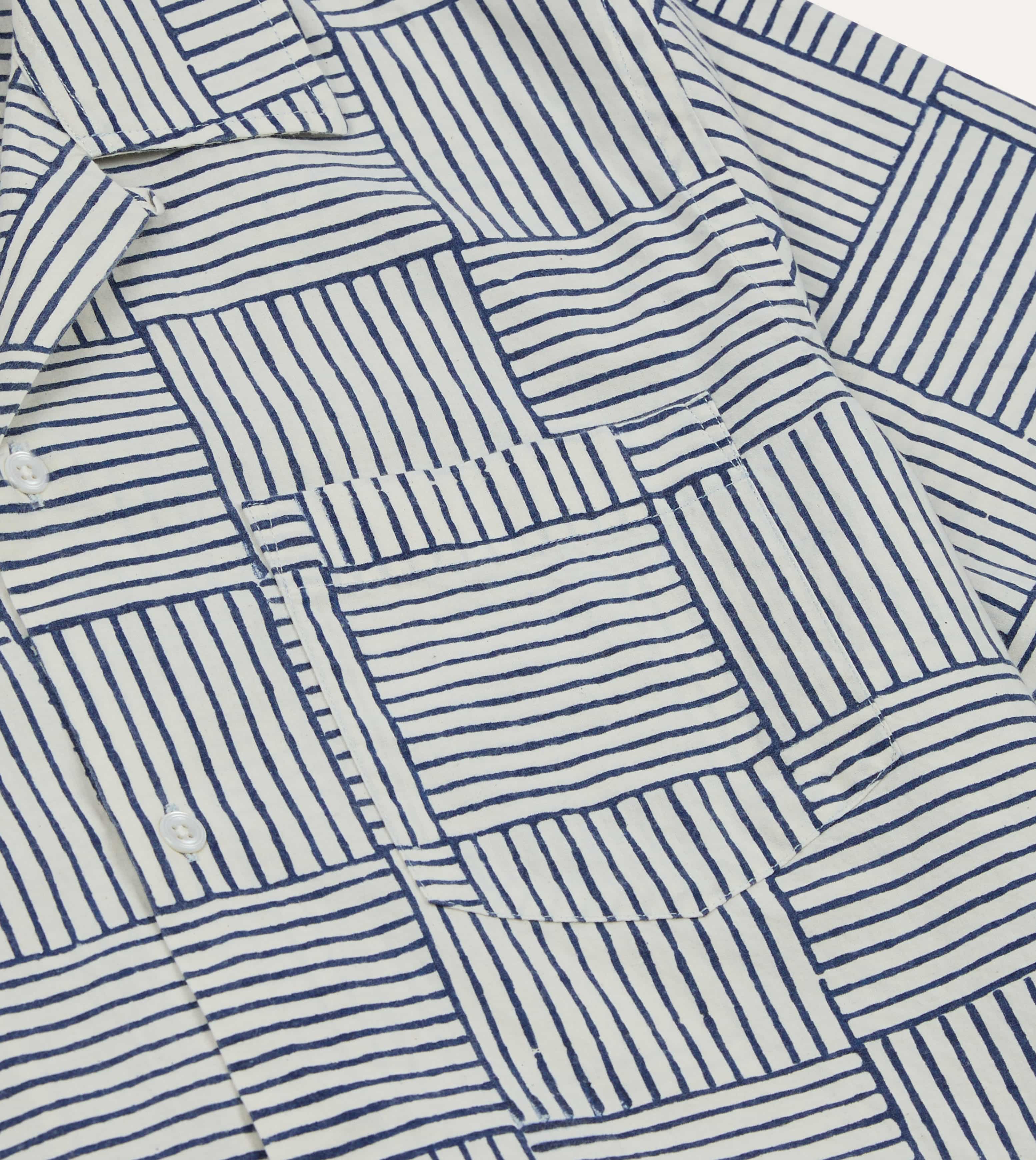 Navy Weave Block Print Cotton Camp Collar Short Sleeve Shirt - Image 5