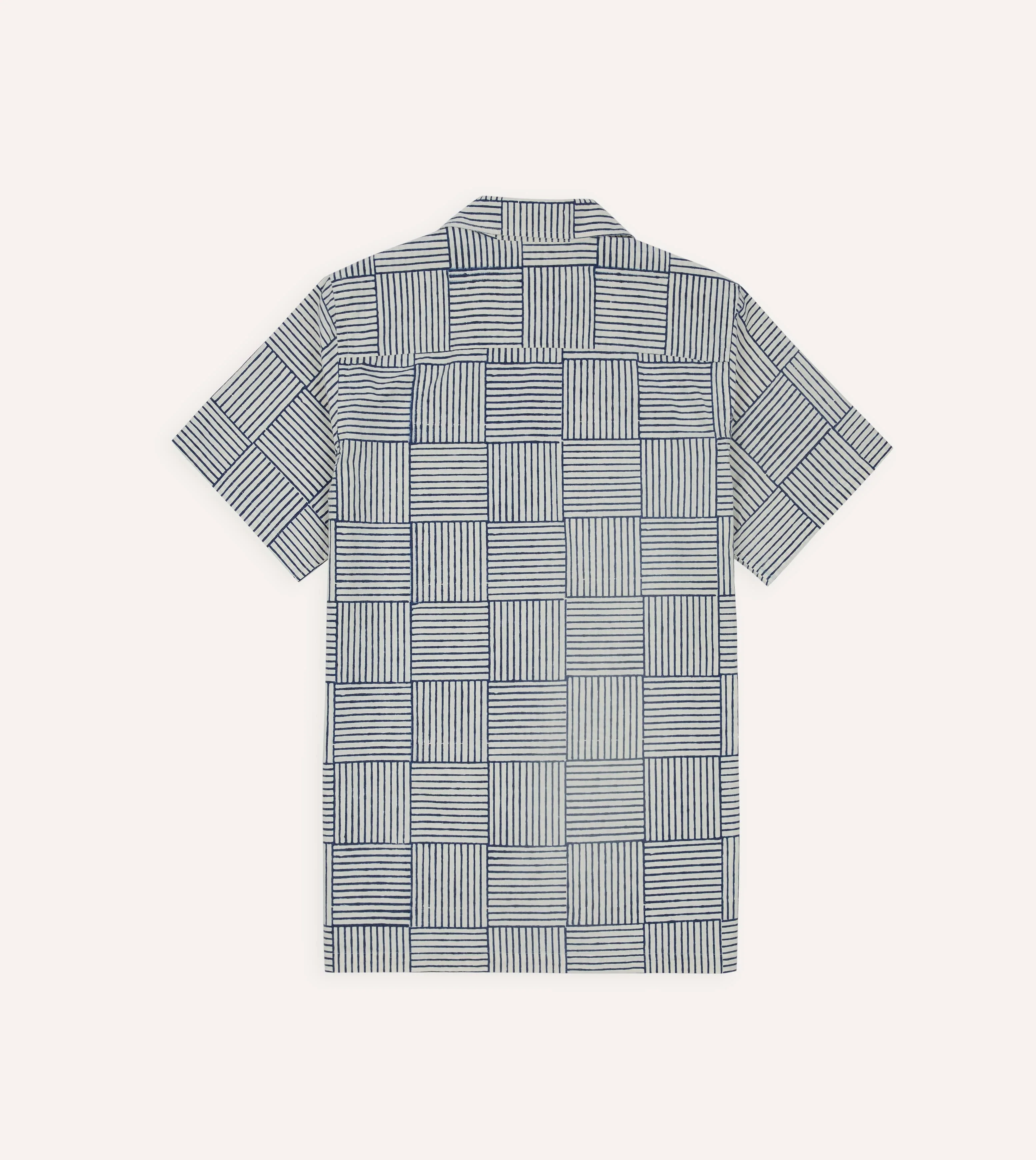 Navy Weave Block Print Cotton Camp Collar Short Sleeve Shirt - Image 6