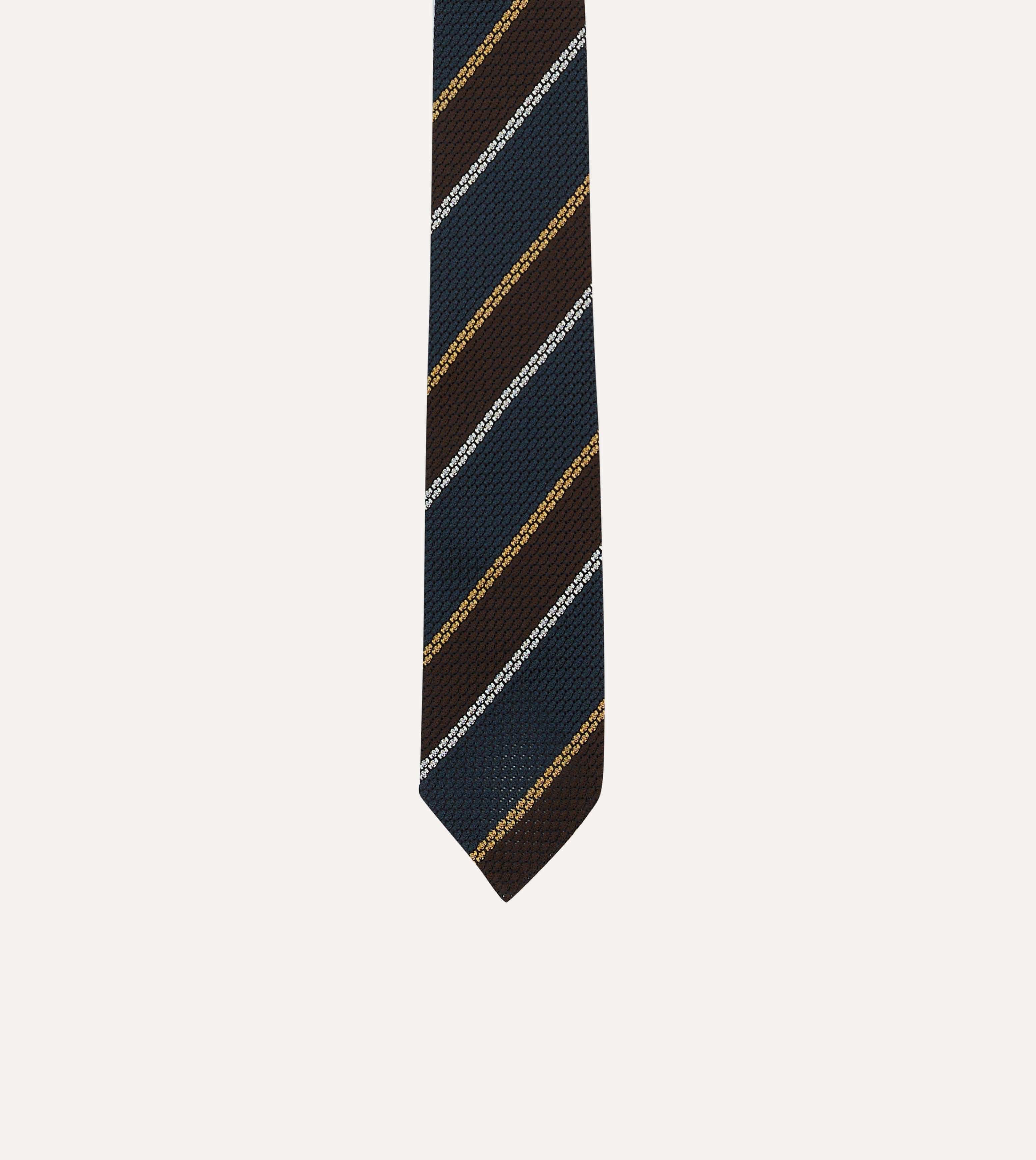 Navy, White and Brown Stripe Hand Rolled Silk Grenadine Tie - Image 3