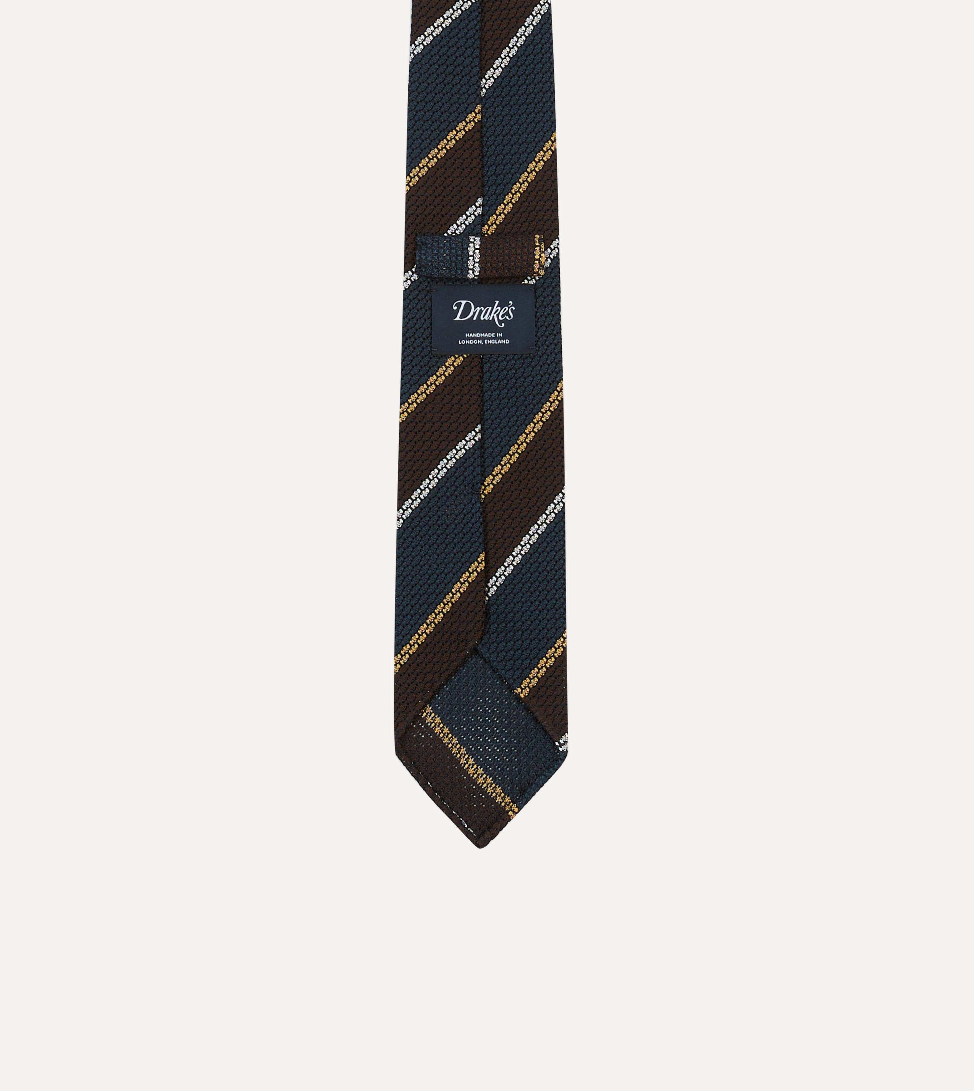 Navy, White and Brown Stripe Hand Rolled Silk Grenadine Tie - Image 4