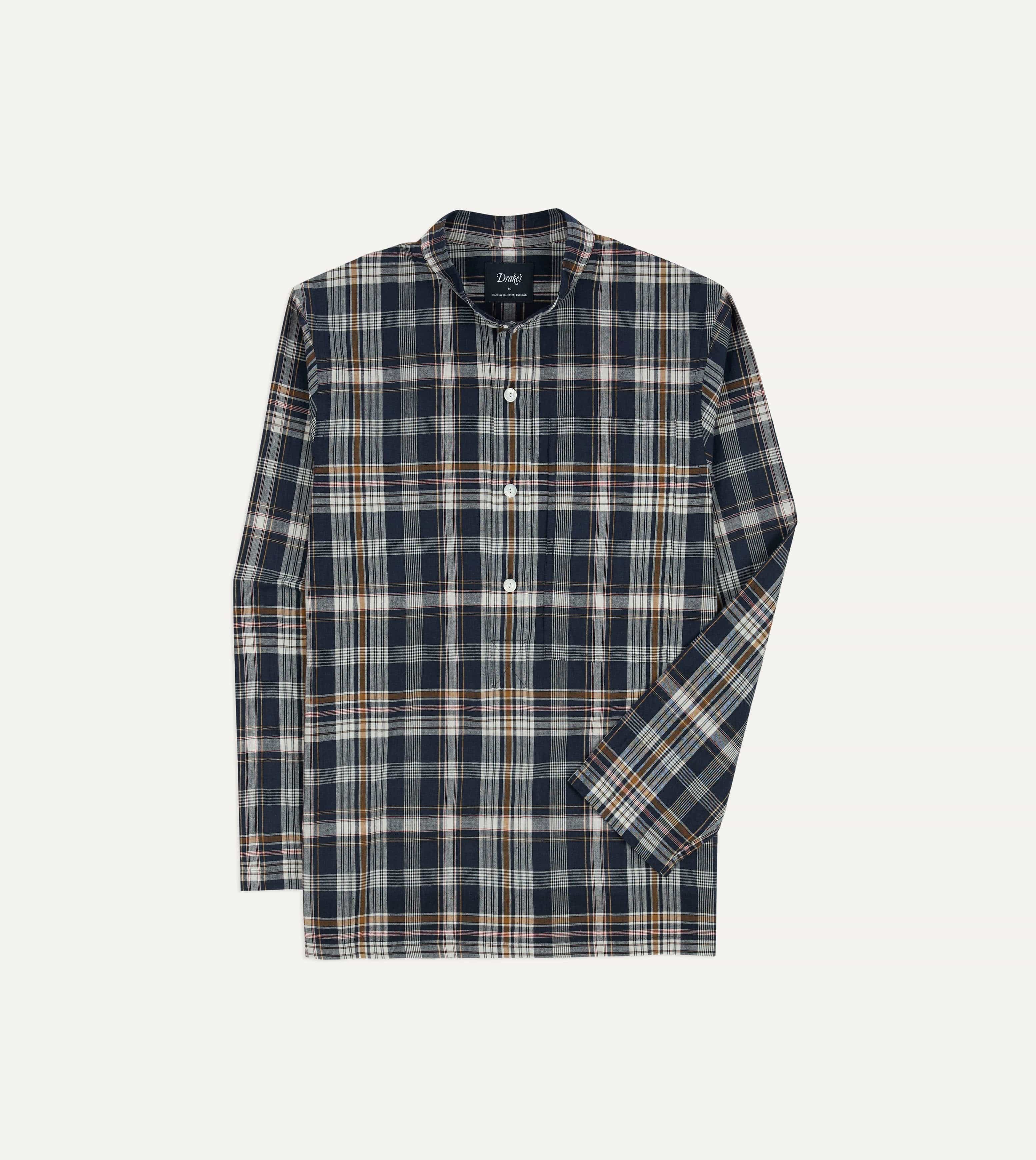 Navy, White and Yellow Madras Check Cotton Mandarin Collar Popover Shirt - Image 3
