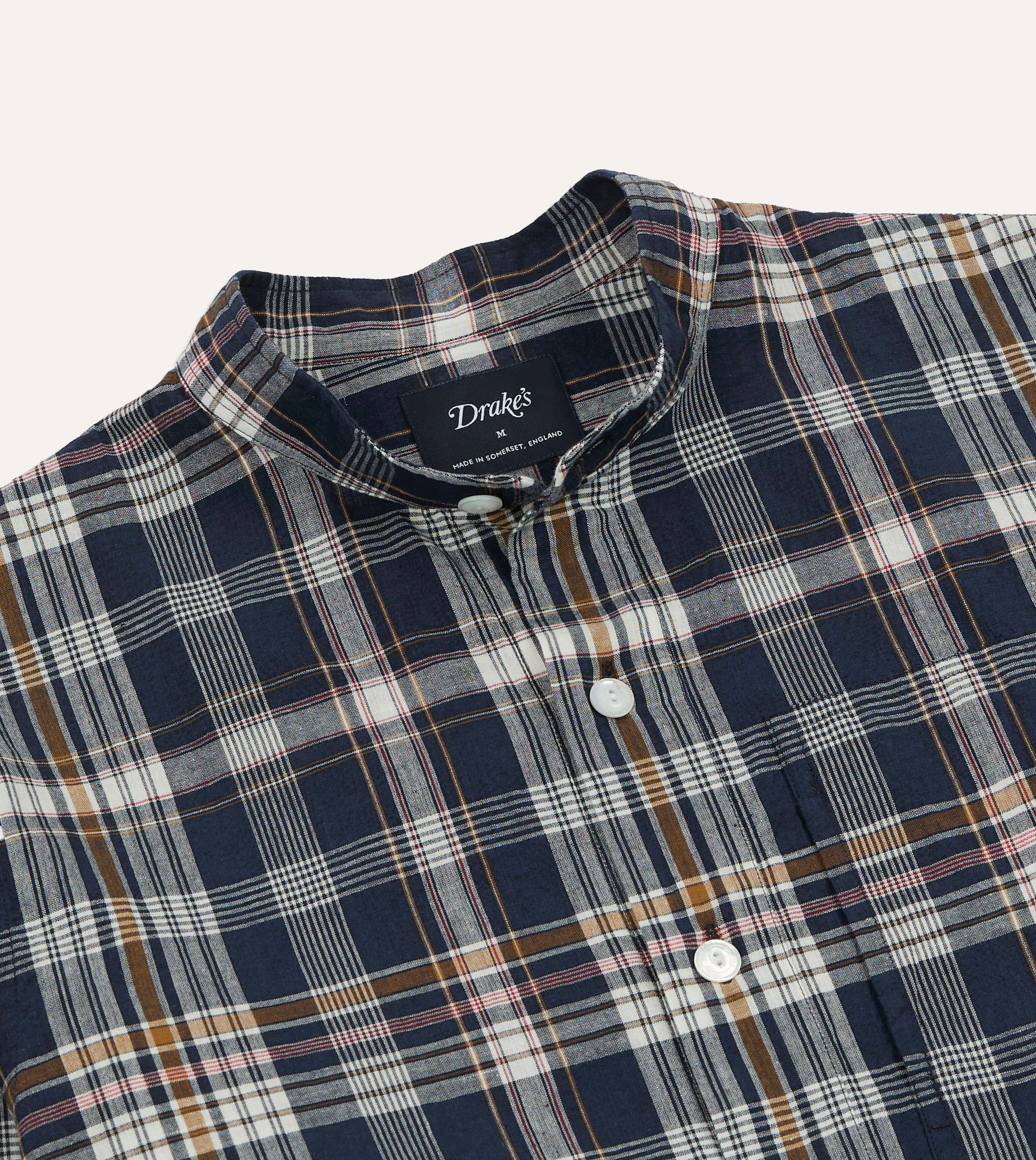 Navy, White and Yellow Madras Check Cotton Mandarin Collar Popover Shirt - Image 5