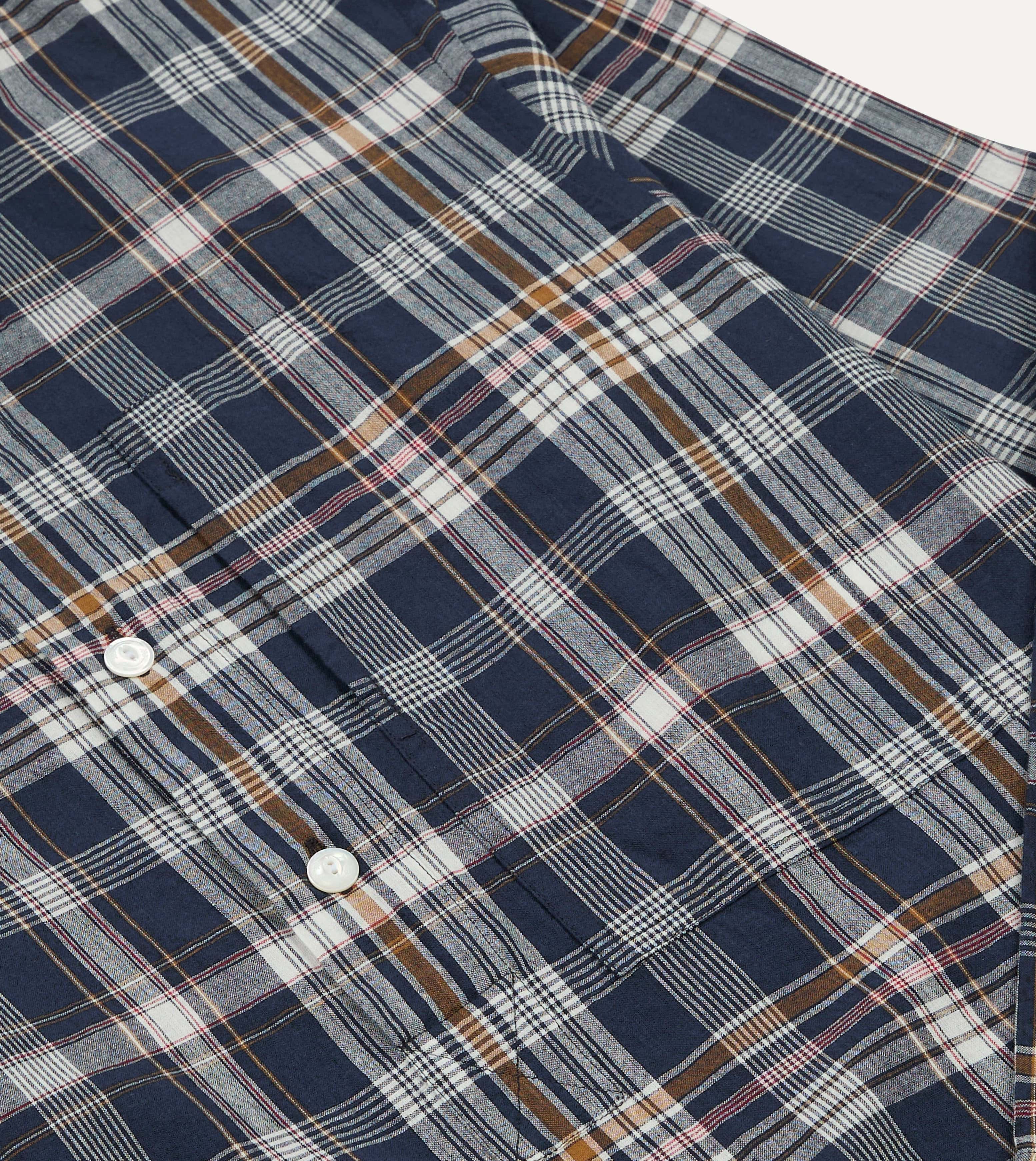Navy, White and Yellow Madras Check Cotton Mandarin Collar Popover Shirt - Image 6