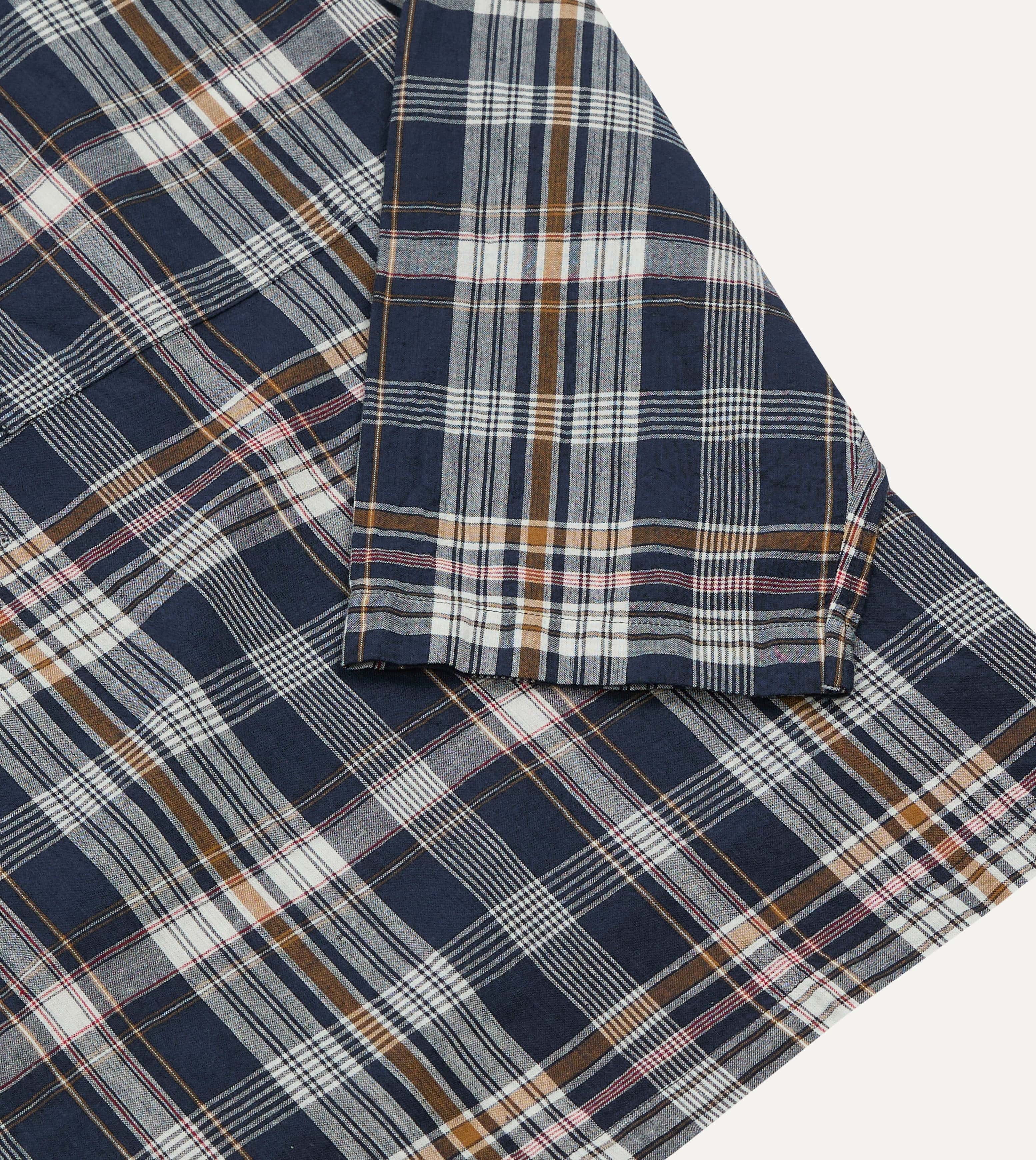 Navy, White and Yellow Madras Check Cotton Mandarin Collar Popover Shirt - Image 7