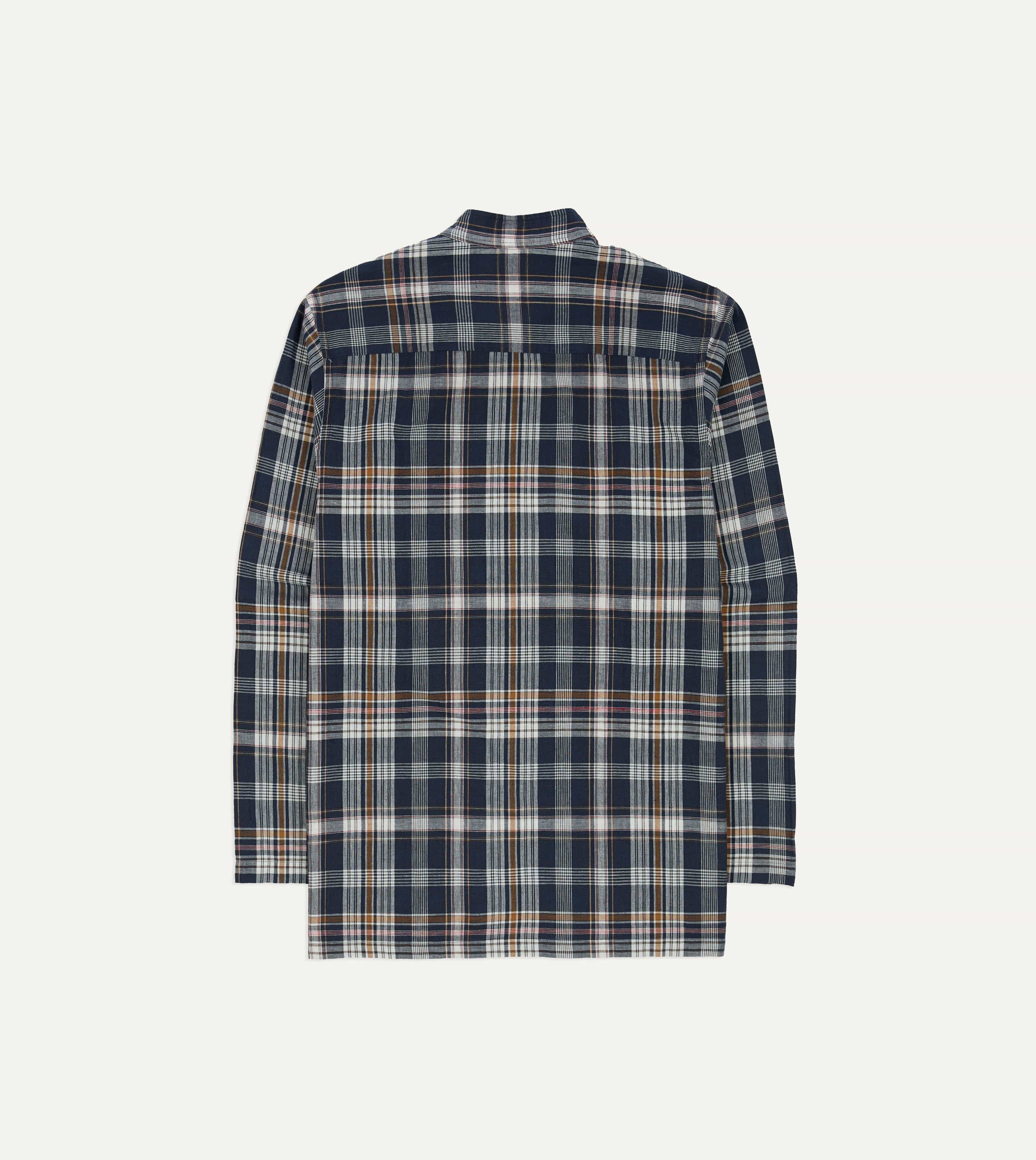 Navy, White and Yellow Madras Check Cotton Mandarin Collar Popover Shirt - Image 8