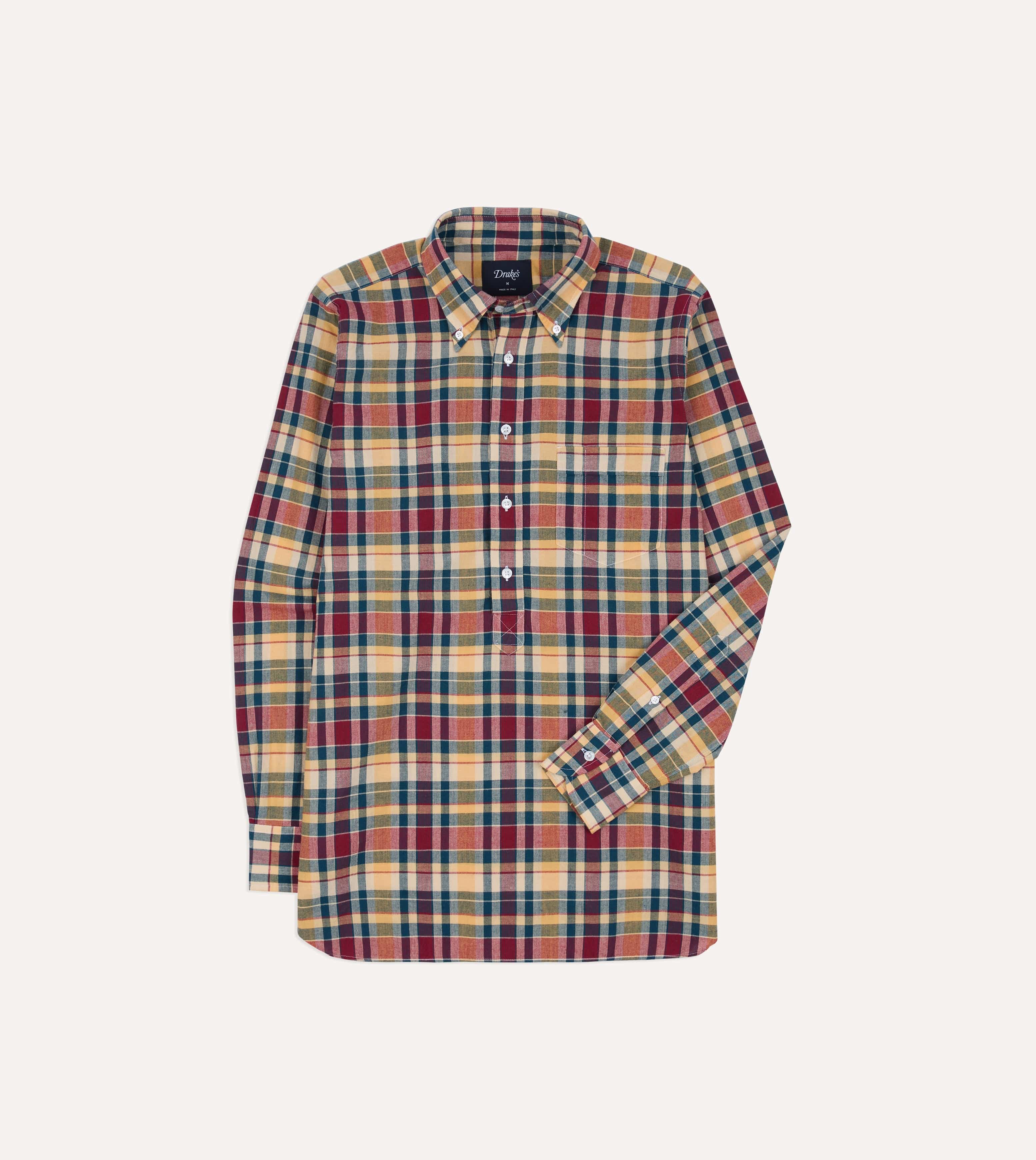 Navy, Yellow and Red Madras Check Cotton Button-Down Popover Shirt - Image 2