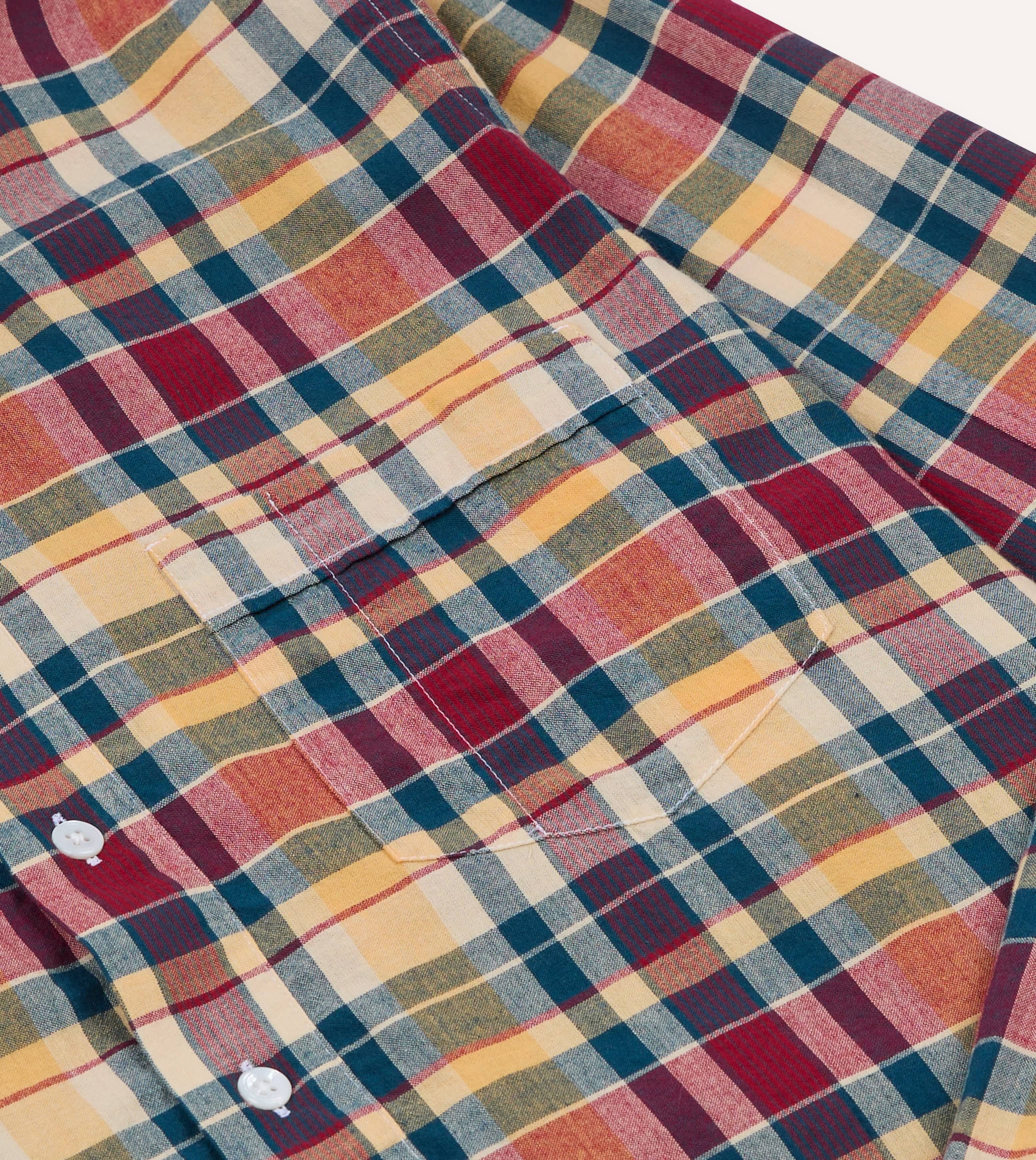 Navy, Yellow and Red Madras Check Cotton Button-Down Popover Shirt - Image 4