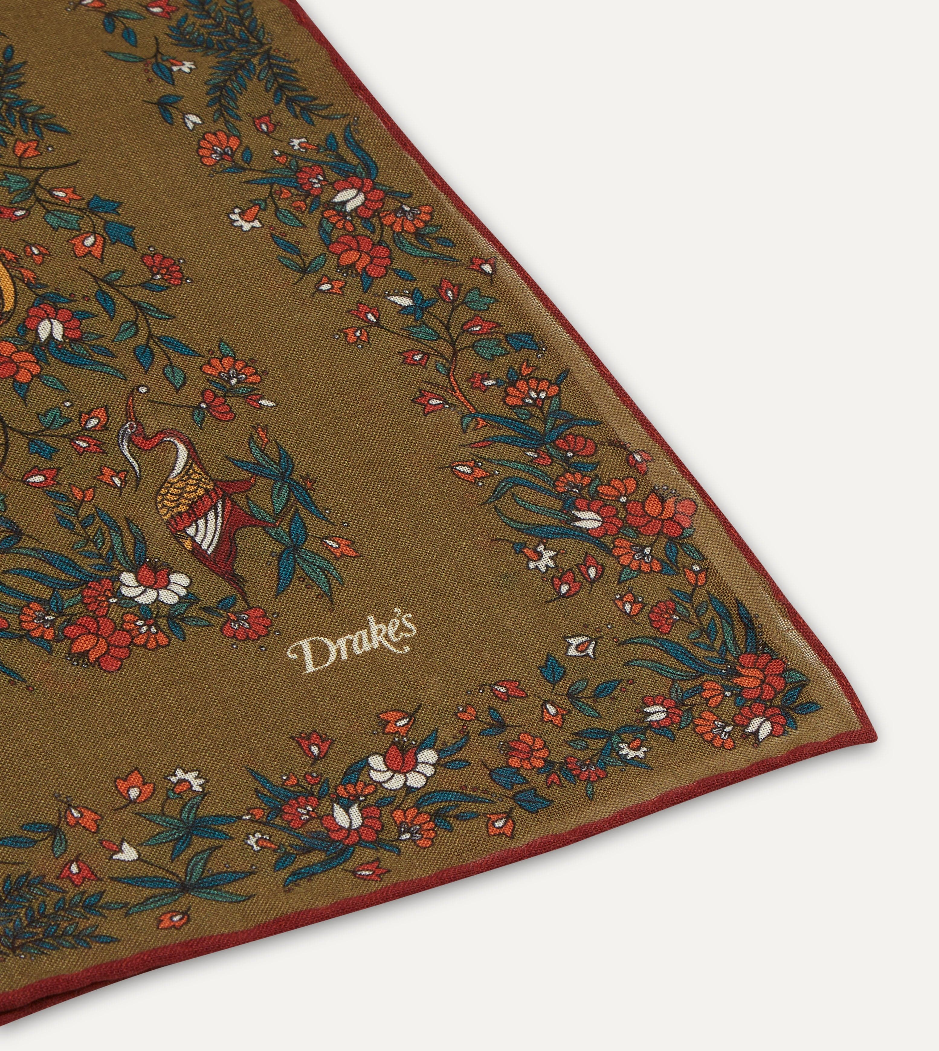 Olive Birds of Paradise Print Wool-Silk Square Scarf - Image 4