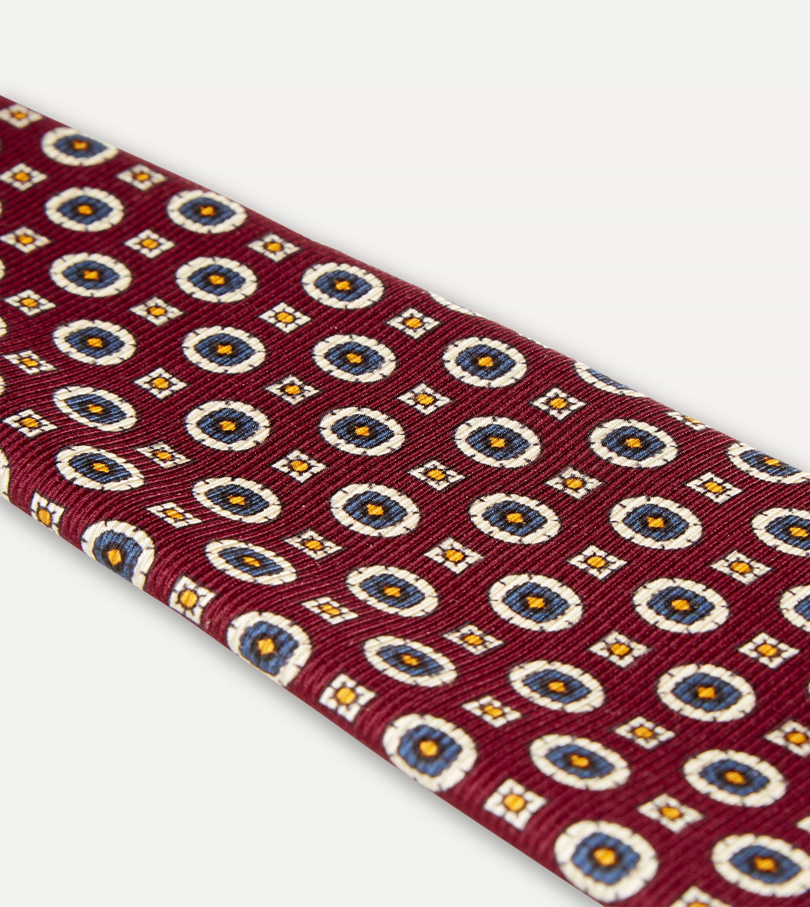 Red and Blue Geometric Medallion Print Silk Foulard Tie - Image 2