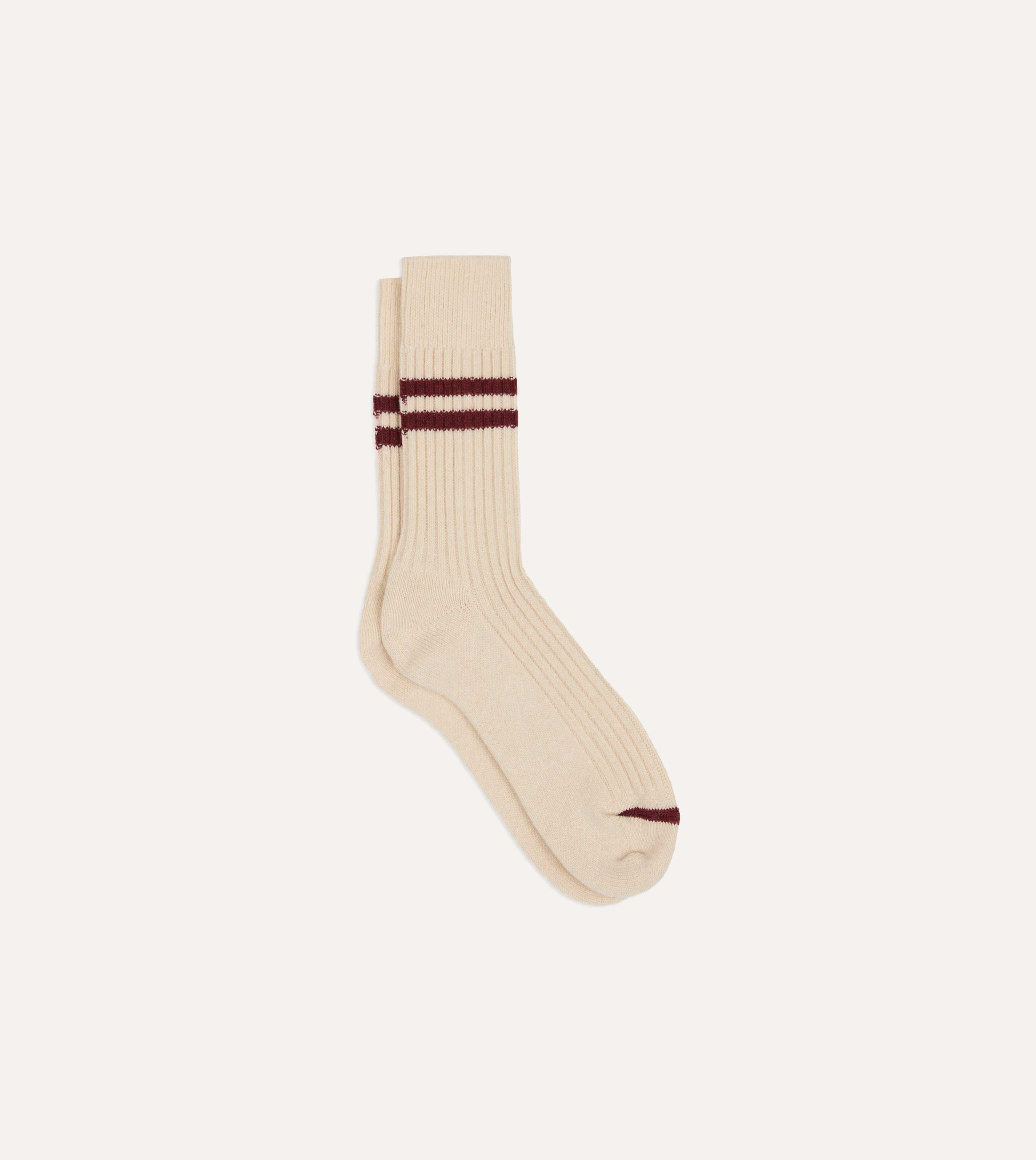 RoToTo Ecru and Red Merino Lambswool Stripe Socks