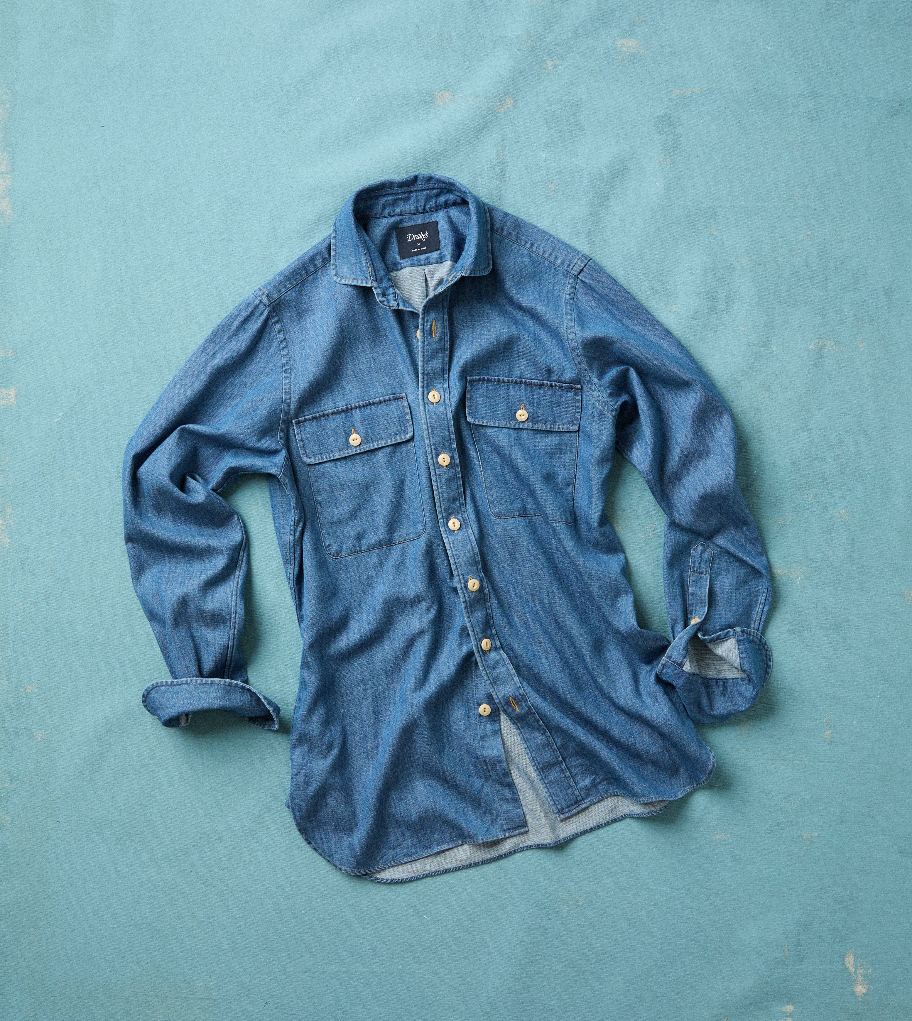 Stone Wash Denim Club Collar Work Shirt - Image 2