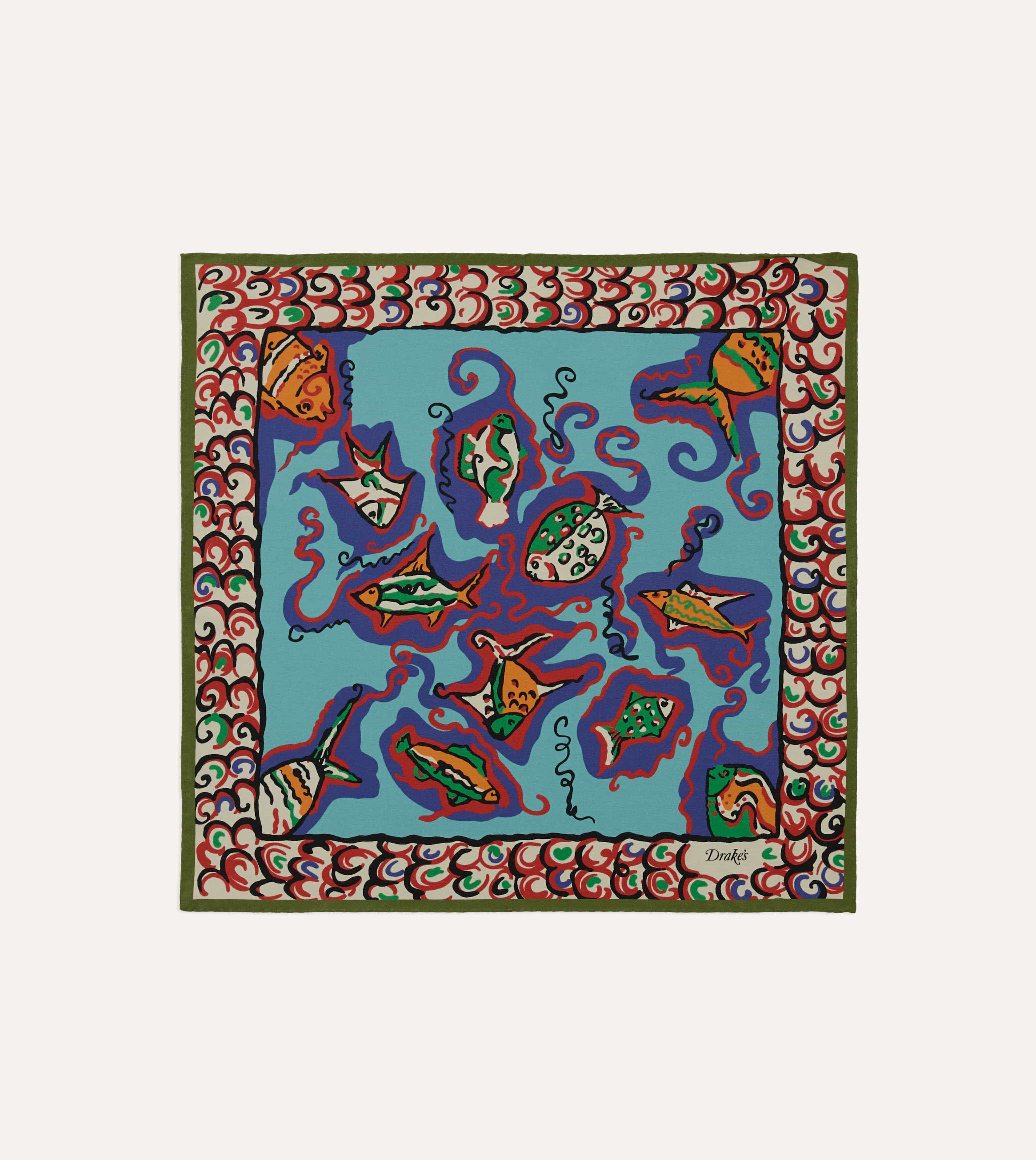 Teal Fish Print Silk Pocket Square - Image 2