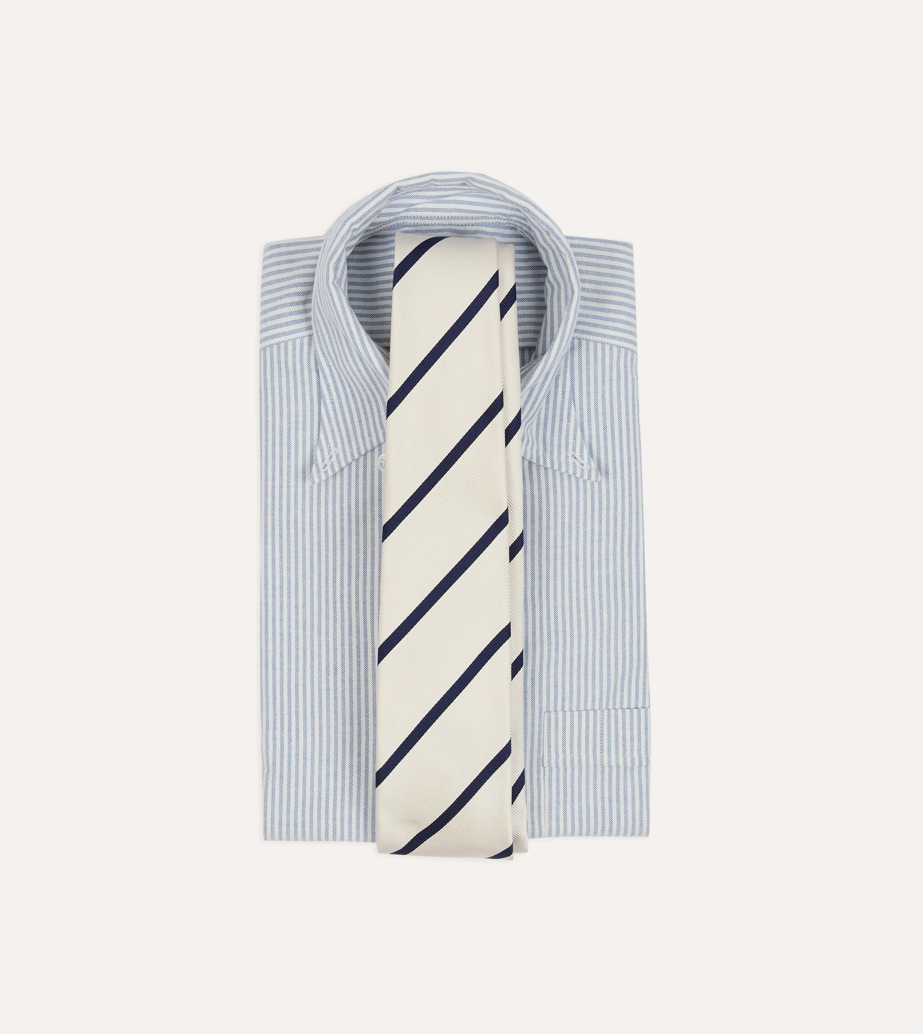 White and Navy Bar Stripe Repp Silk Tipped Tie - Image 3