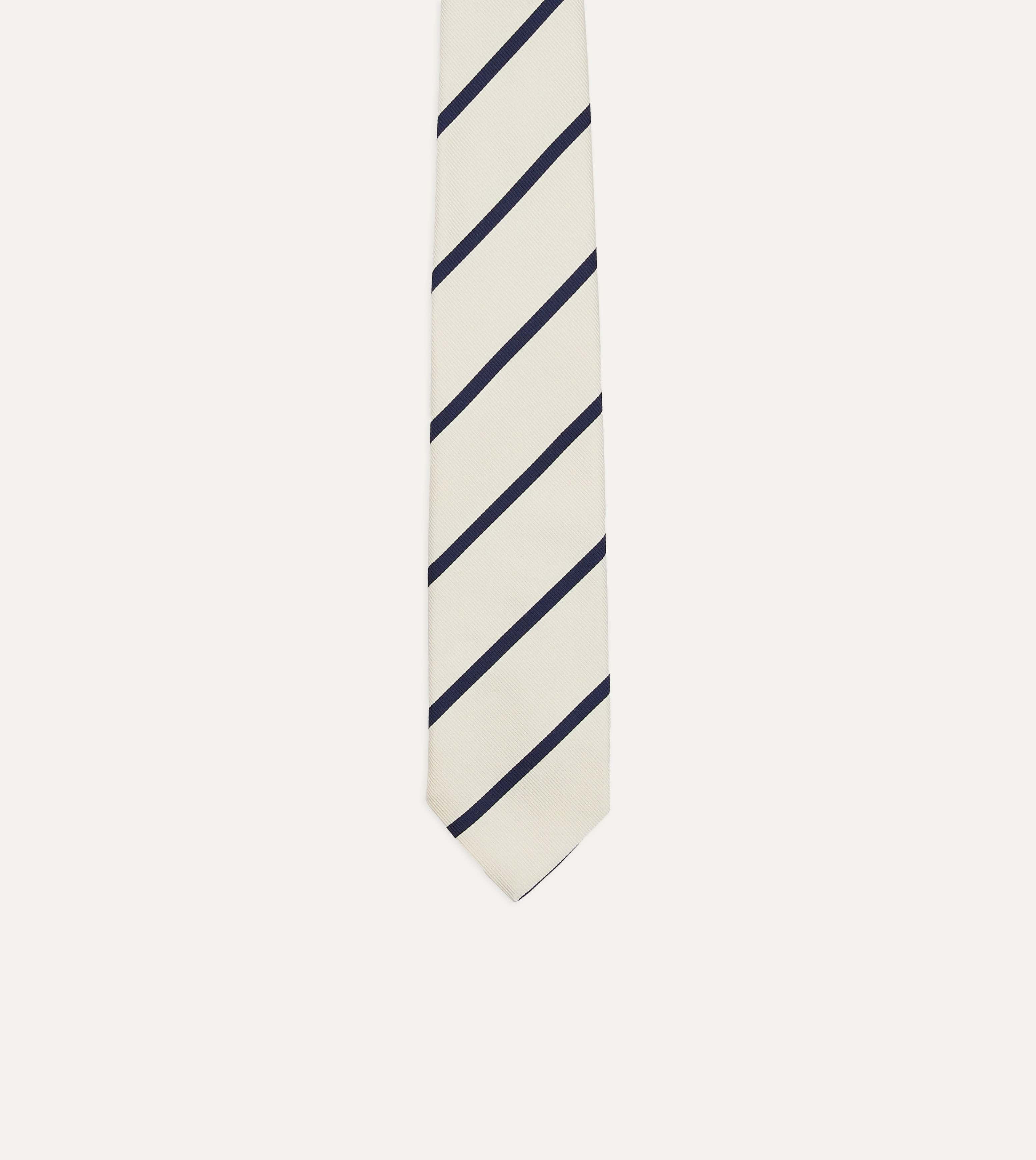 White and Navy Bar Stripe Repp Silk Tipped Tie - Image 4