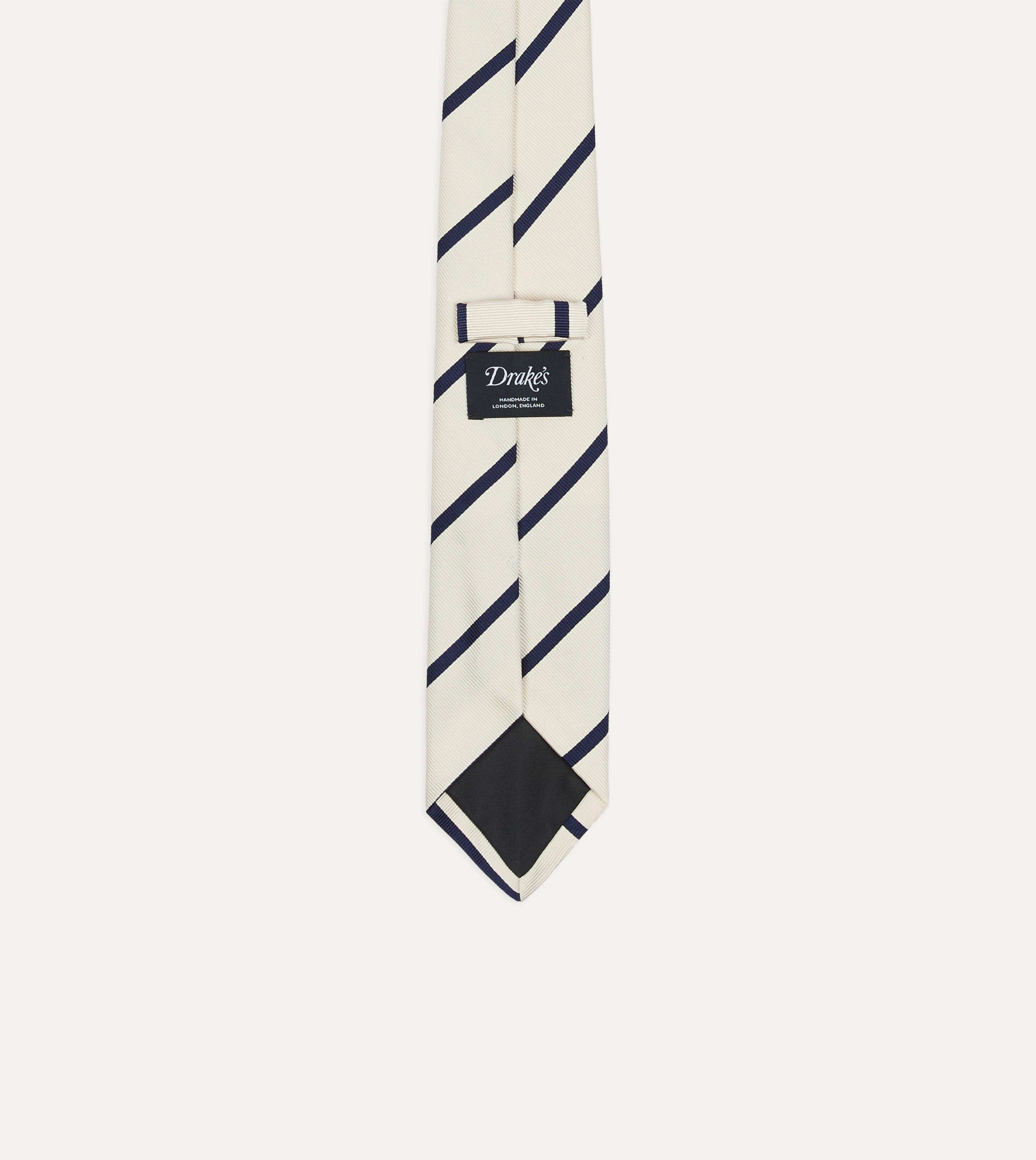 White and Navy Bar Stripe Repp Silk Tipped Tie - Image 5