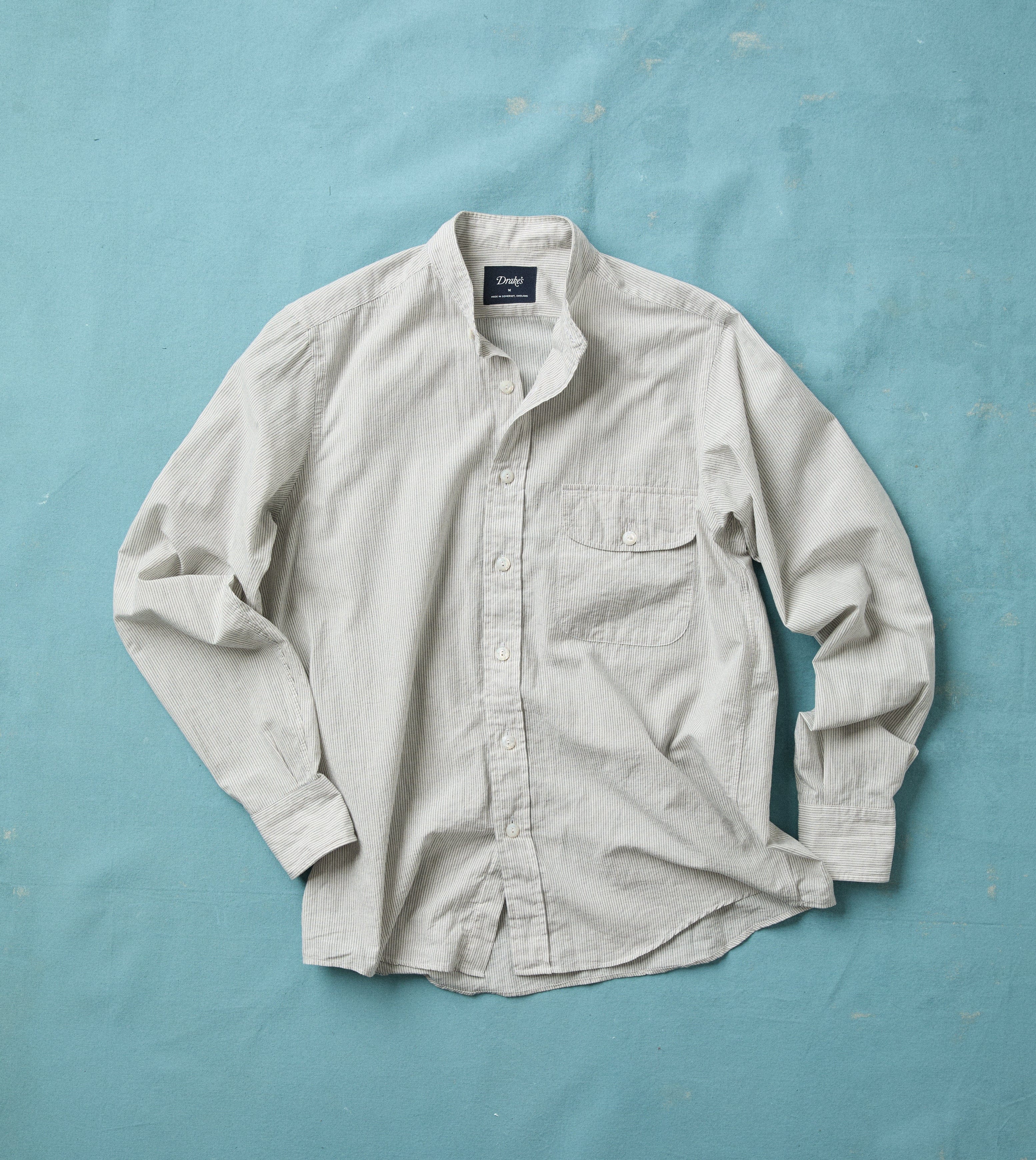 White and Navy Stripe Cotton Mandarin Collar Shirt