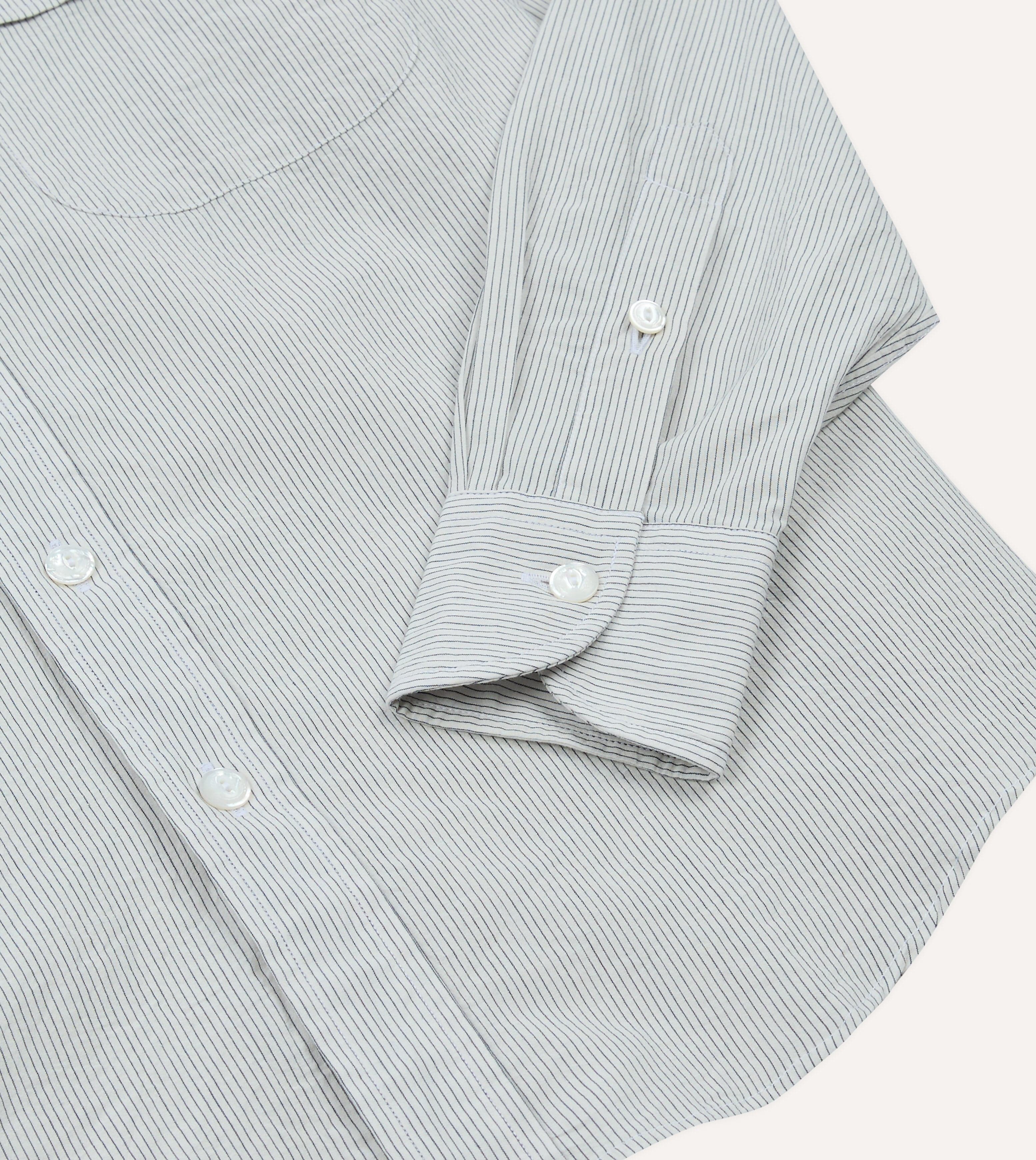 White and Navy Stripe Cotton Mandarin Collar Shirt - Image 6