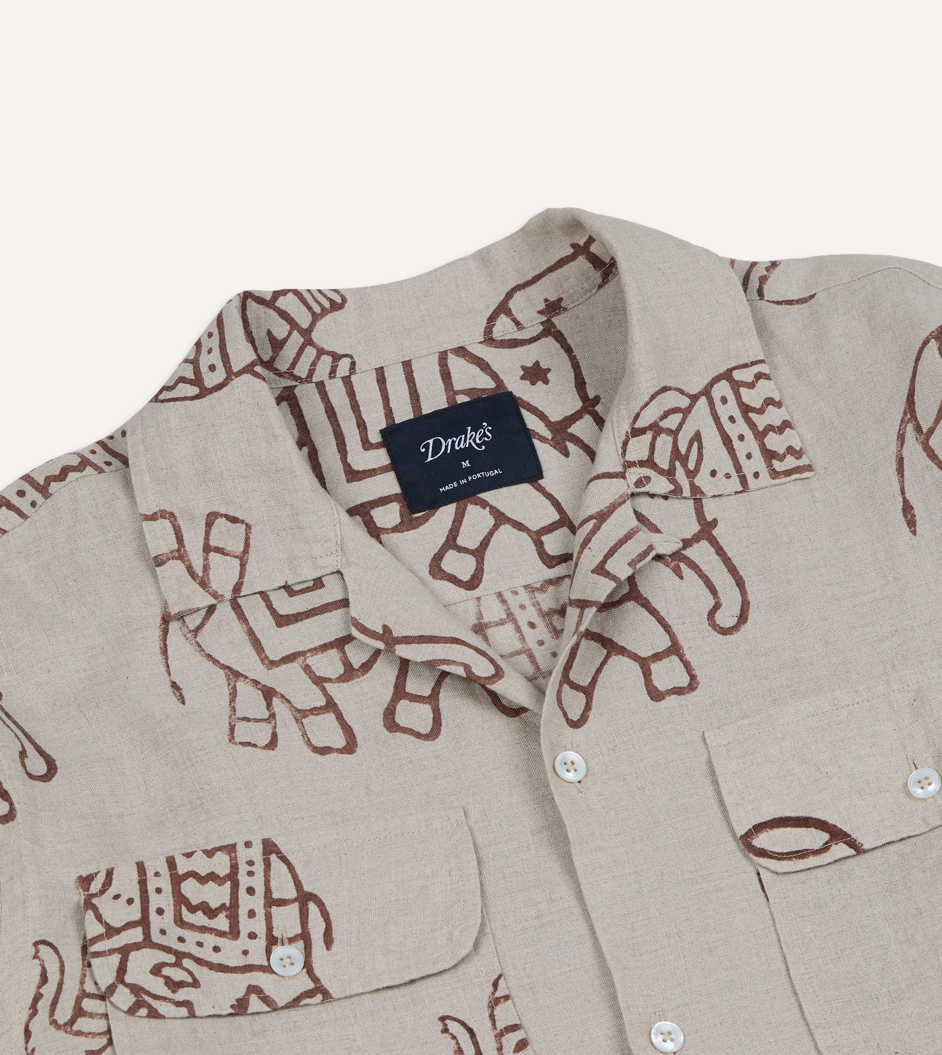 White Elephant Block Print Linen Camp Collar Long Sleeve Shirt - Image 4