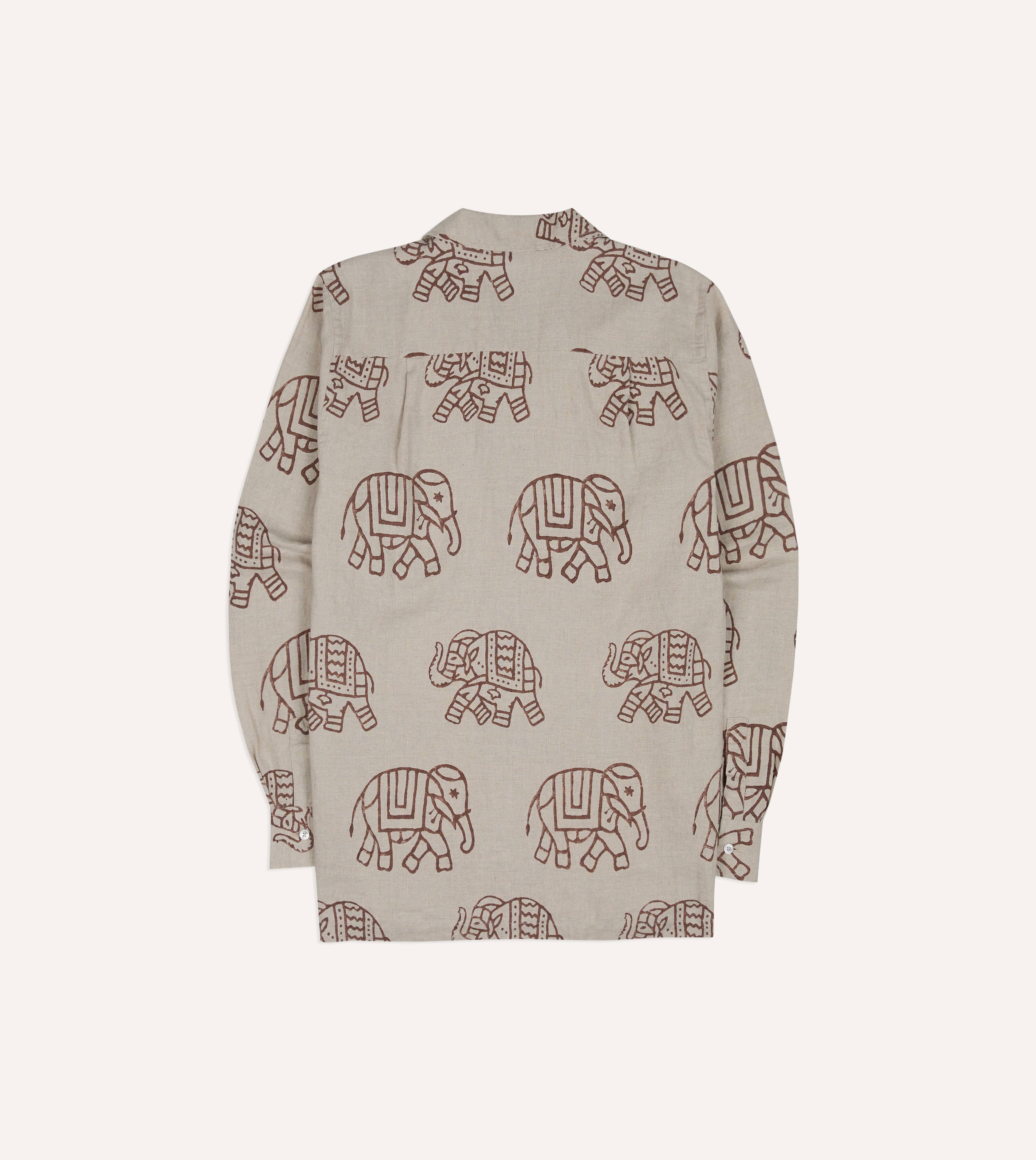 White Elephant Block Print Linen Camp Collar Long Sleeve Shirt - Image 7
